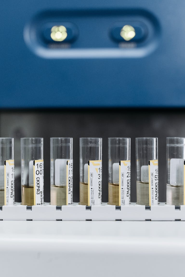 Detailed view of test tubes in a laboratory for scientific analysis.